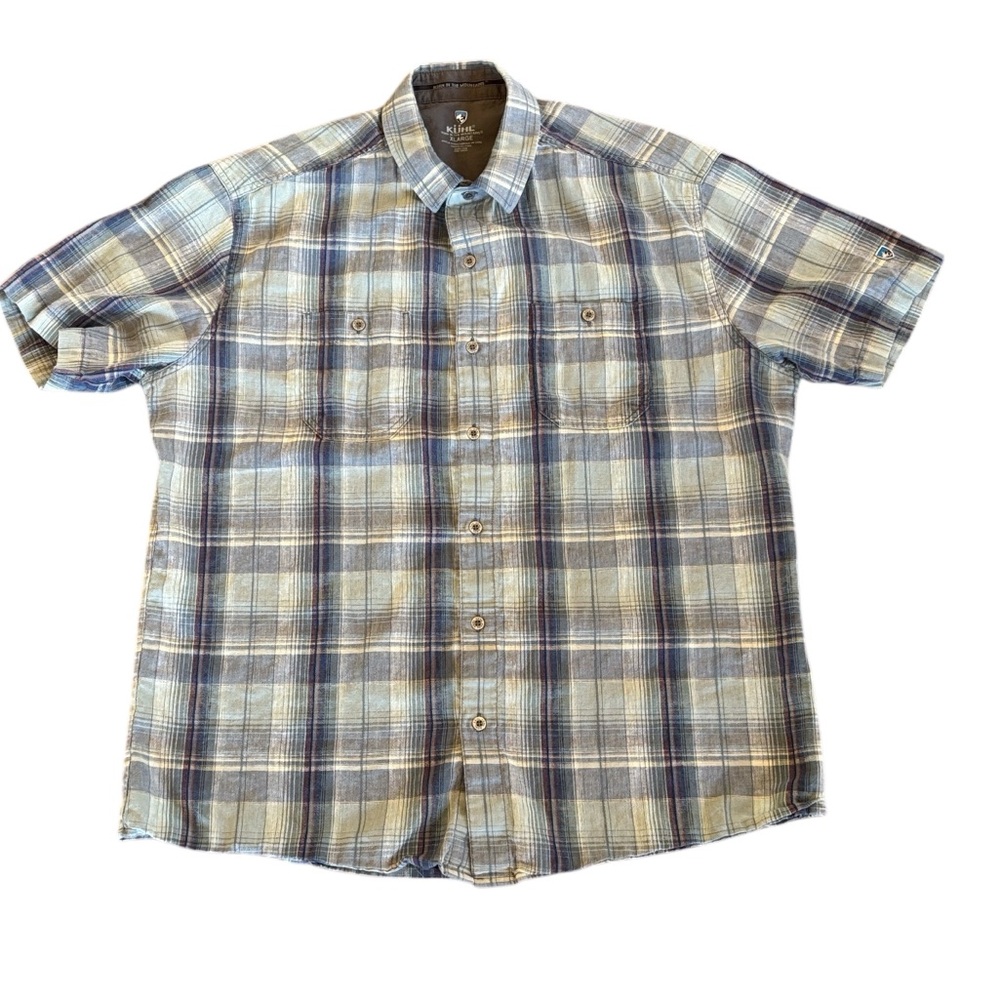 Kuhl Skorpio Blue Red Plaid Linen Cotton Short Sleeve Button Up Size XL‎